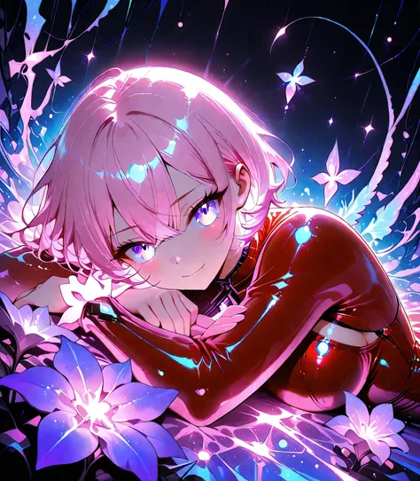 
1 girl, violet eyes, light pink hair, short hair, cool, beautiful, medium breast, very cute, lovely, kawaii, red bodysuit,glowing pink hair, laying in flowerbed, ultraviolet light, ultraviolet flowers, best quality, masterpiece, dark background, comfortin...