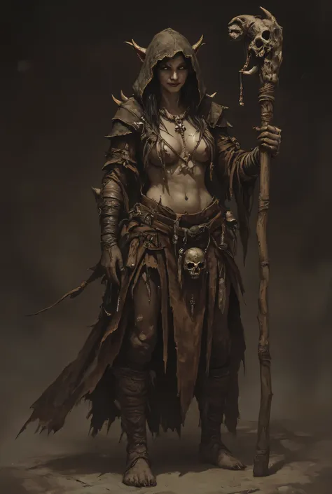 (1girl, solo, a beautiful shaman girl, torn animal skin clothing, heterochromia eyes, hooded ears, carved staff, tribal tattoos, slim waist, voluptuous bust, wide hips, thin scar, dangerous smile), anthr0dnd, Gul'dan, dark fantasy character, detailed full-...