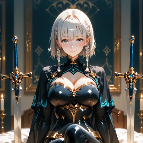 ((top quality)), (detail),semi-realistic, 1girl ,beta,slim body,,Super Big Breasts, braids , Chest Cutout , black gloves , staring at the viewer , black bodysuit , clothing cutout , twin braids, short hair, blush , sitting , Black Cloak , glittering clothe...