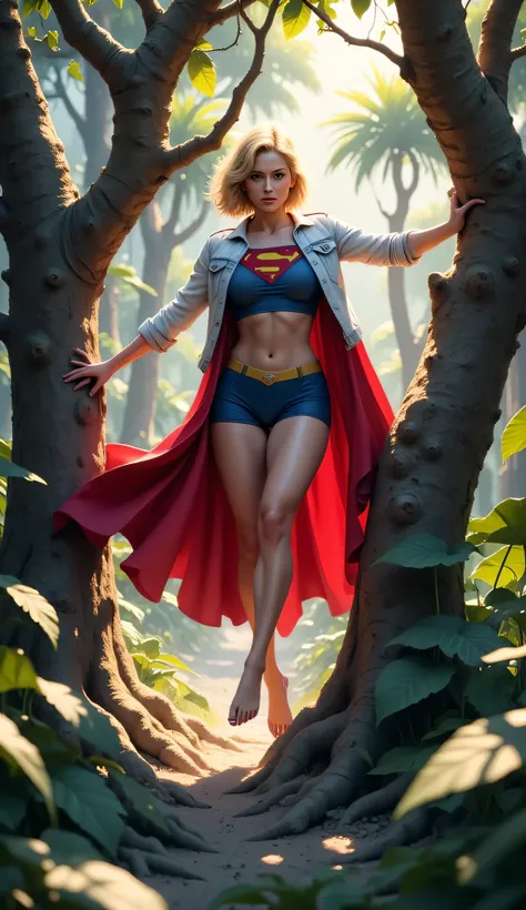 Supergirl mid-leap between massive trees in a jungle-like forest, red cape trailing dramatically, fierce focus in her eyes, ripped jacket flowing open mid-air, muscular legs extended, dirt on her skin, light rays piercing the canopy, dynamic painterly real...