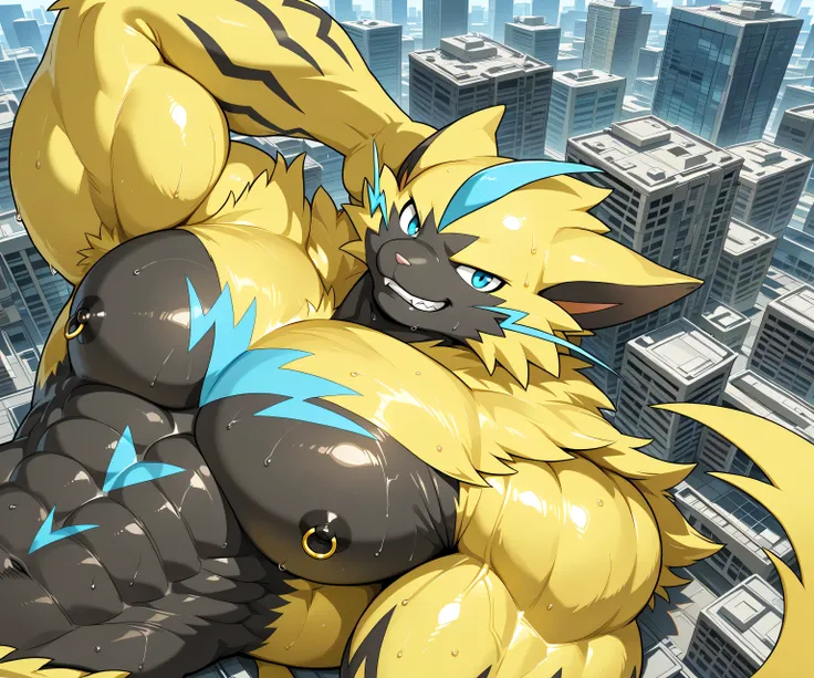 kemono, bara, solo, furry, Anthro, zeraora, male, tail, fangs on lips, muscular, posing, leaning backward, huge black nipples, golden nipple rings, broad shoulders, huge arms, broad chest, yellow fur on head, yellow fur on arms, detailed background, seriou...