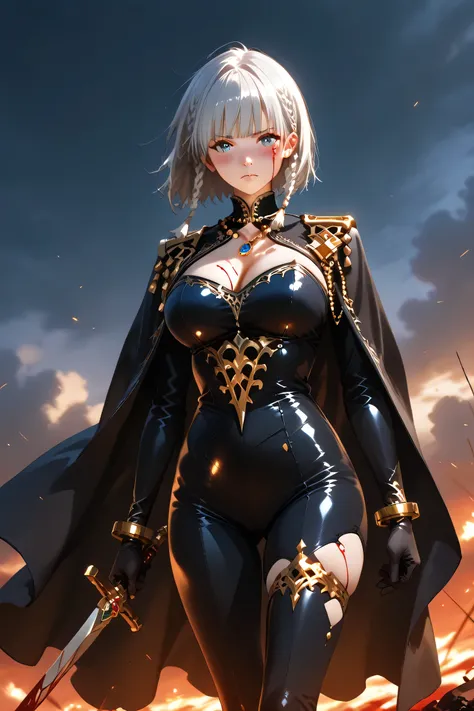 ((top quality)), (detail),semi-realistic, 1girl ,beta, Slim,,Super Big Breasts, braids , Chest Cutout , black gloves , staring at the viewer , black bodysuit , clothing cutout , twin braids, short hair, blush , sitting , Black Cloak , Glittering and Finely...