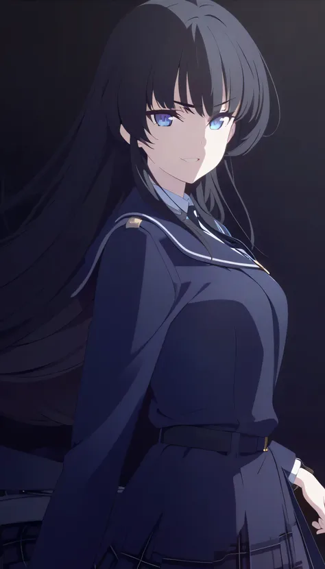 masterpiece, best quality, cg art, solo, 1girl, black hair, long hair, light blue eye, medium breast, dark purple school uniform, standing, looking at viewer, confident, elegant, smile, challenging gaze, pitch black background only