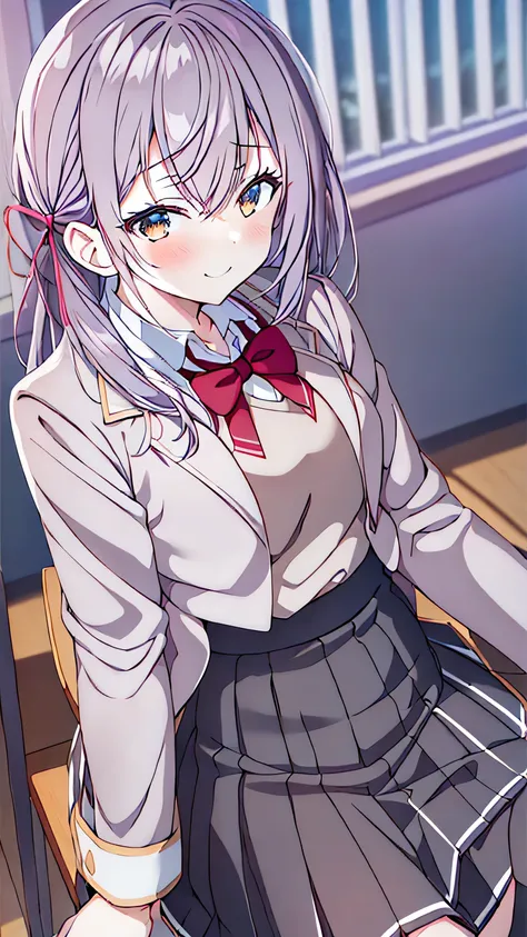 1 girl, underwear, skirt, downstairs, underwear, Chest, classroom, shirt, bow, lExistenceg_hair, White_, skirt_lift, Existence室内, Smile, Open_Outfit, bowtie, Umbilical cord, Watching_Existence_受众, Outfit_lift, White_shirt, table, school_, Blush, school_tab...