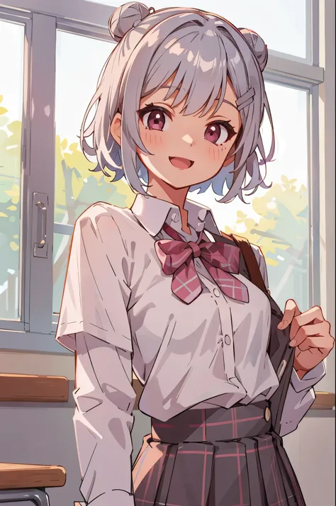 Silver short bob hair with bun hair、hair clip with 2 adults、pink eyes、white blouse shirt、Tartan Check Skirt、Smiling、open the opening wide、upper body、in the classroom after school