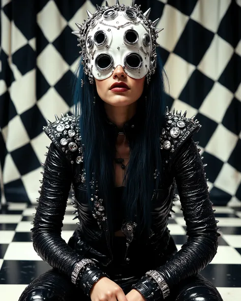 In an environment such as a checkerboard A surreal work that represents a Nordic woman fashion model. The beautiful punk metal woman wears black leather clothing and spikes with huge platform boots that combine intricate details with abstract and geometri...