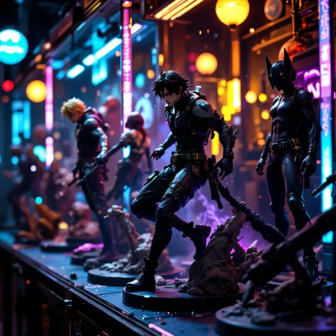 sharpness, extremely visible, poster style, Ultra-detailed anime figure collection, full of dynamic action statues in battle poses, glowing RGB lights reflecting on transparent display case, cyberpunk neon ambiance, intricate sci-fi and fantasy designs, ci...