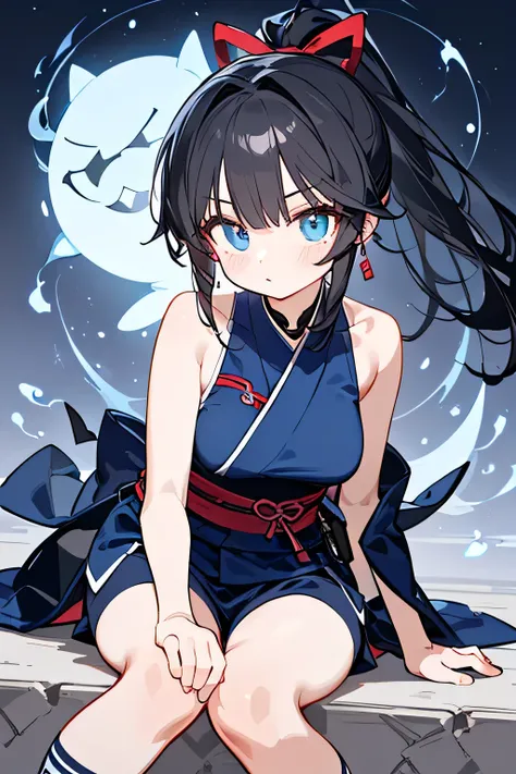 NINJA WIND，Beautiful girl，（cool x ponytail），Mysterious Atmosphere， natural body，Hand guard，（（cute ninja costume＝Sleeveless x navy blue kimono＋Long hem x shorts）） socks，Detailed Clothes，（Slender Body，marshmallow breasts ，），BEAUTIFUL BLACK HAIR，Beautiful blu...