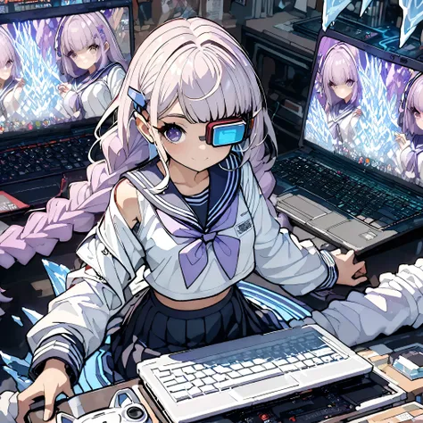 posters、(top quality:1.2, Highly detailed, High Details, high contrast, masterpiece:1.2, top quality, BEST AESTHETICS), 1 female, (((sailor suit、loose socks、Loafers ))), exposes your shoulders, ((灰色の髪:1.4, purple bicolor hair , Long hair braided, white ...