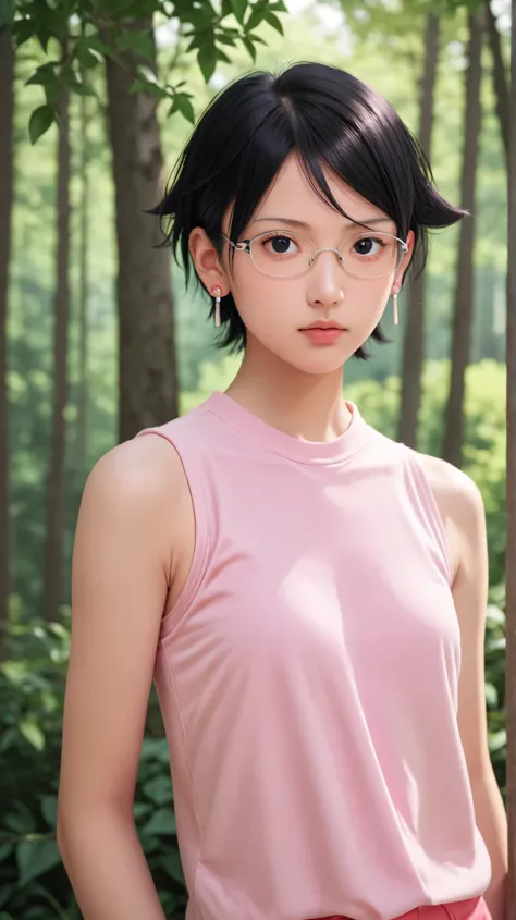 1girl, solo,sarada uchiha,black eyes,black hair,short hair,outdoors,potrait,small breast,wearing glasses,forest,summer backround,(wear sleeveless pink shirt:1.5),standing,earings