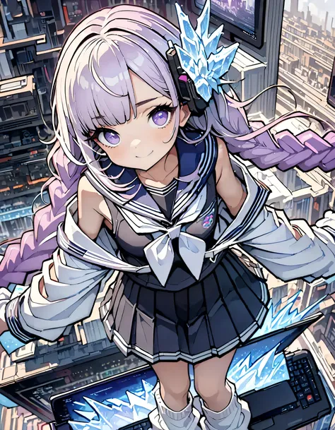 (top quality:1.2, Highly detailed, High Details, high contrast, masterpiece:1.2, top quality, BEST AESTHETICS), 1 female, (((sailor suit、loose socks、Loafers ))), exposes your shoulders, ((灰色の髪:1.4, purple bicolor hair , Long hair braided, white and purp...