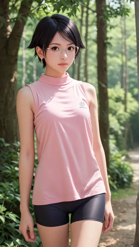 1girl, solo,sarada uchiha,black eyes,black hair,short hair,outdoors,potrait,small breast,wearing glasses,forest,summer backround,(wear sleeveless pink shirt:1.5),standing,earings,purple bike shorts
