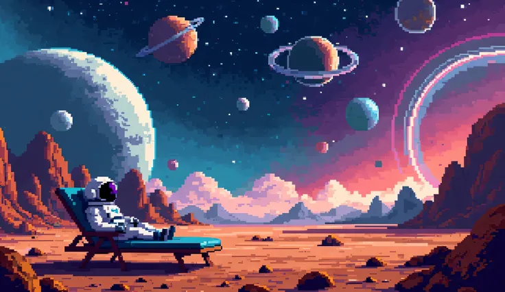 A pixel art scene showcasing an astronaut relaxing on a lounger on a rugged, cratered planet. The ground is strewn with rocks, and the starry sky above is alive with colorful nebulae, distant planets, and sleek spacecraft. The scene captures the essence of...