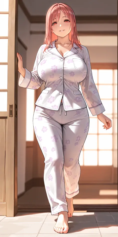 Masterpiece, newest, vibrant, very aesthetic, high contrast, mature woman, honoka\(dead or alive\), parted lips, smile, tall, perfect body, big breast, white pajamas floral motif, bare foot, full body, walking, front of house, best quality, semrealistic, f...