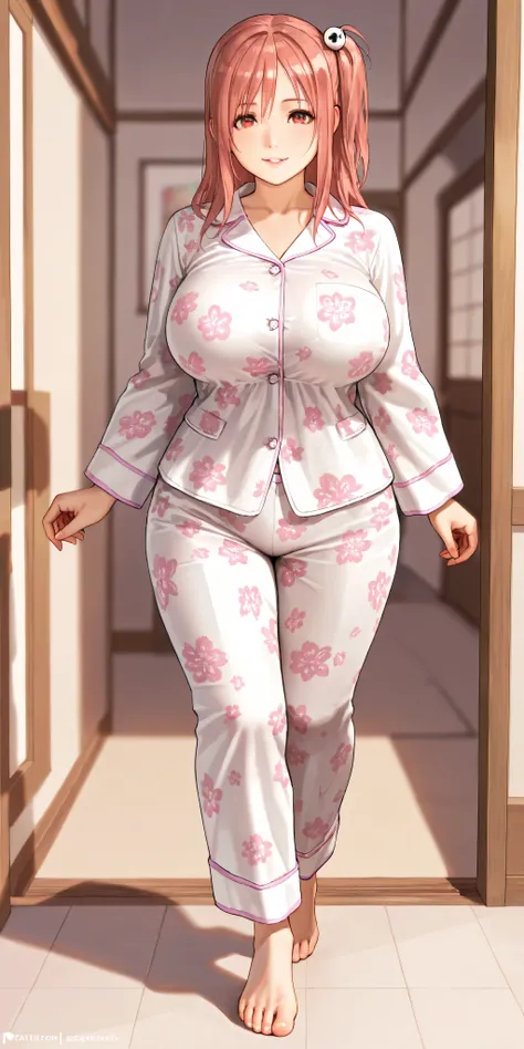 Masterpiece, newest, vibrant, very aesthetic, high contrast, mature woman, honoka\(dead or alive\), parted lips, smile, tall, perfect body, big breast, white pajamas floral motif, bare foot, full body, walking, front of house, best quality, semrealistic, f...