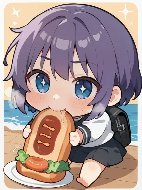score_9, score_8_ up, score_7_ up, score_6_ up, score_5_ up, Anime，nsfw， Uncorrected，( chibi:1.5)， solo,top quality,Cute girls, Middle School Student, uniform,wear a white shirt,Wave Hair,black skirt in a hug pose,bob cut,purple hair,big round eyes,open the opening wide,they have big eyes when viewed from the front, sparkling eyes,shirt,Blue Eyes,having a black backpack,red blush, arcuate eyebrows,cranky expression,Drooling,trembling,cute face,shiny skin in the classroom,1 girl crouching in rough breath,Steam,INSANELY DETAILS,cover,they hold the hot dog with both hands,a giant hotdog,eat a hot dog,LOOK DOWN,serious expression,Fill up the hot dog,bite,Steam,saliva,looking so tasty,looking so tastyに食べる,Fun to eat ，Kyoani Style，glitter，