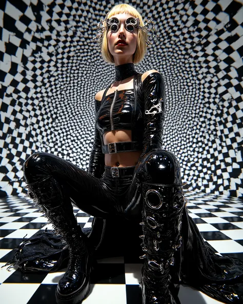 In an environment such as a checkerboard A surreal work that represents a Nordic woman fashion model. The beautiful punk metal woman wears black leather clothing and spikes with huge platform boots that combine intricate details with abstract and geometri...