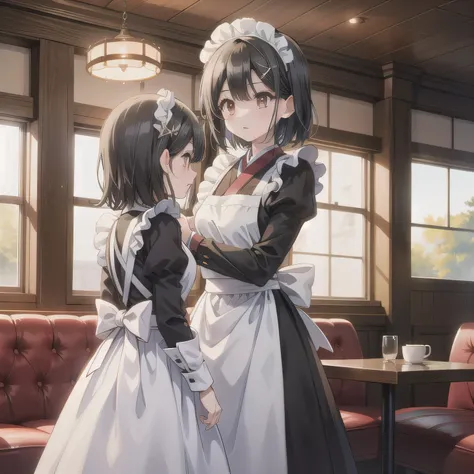 A beautiful young Japanese woman with short black hair and deep brown eyes, wearing a classic black and white Victorian maid outfit with a white frilly apron and a traditional white headpiece. She stands gracefully in an elegant, British-style vintage cafe...