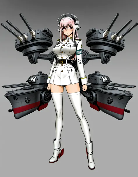 Super Sonico is wearing a white military uniform, standing with her arms folded and a dignified expression. Her back and waist are decorated with the "Battleship Weapons" that appear in Kantai Collection, and she is heavily armed with countless turrets sti...