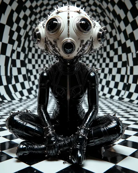 In an environment such as a checkerboard A surreal work that represents a Nordic woman fashion model. The beautiful punk metal woman wears black leather clothing and spikes with huge platform boots that combine intricate details with abstract and geometri...