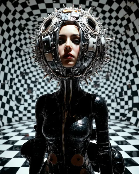 In an environment such as a checkerboard A surreal work that represents a Nordic woman fashion model. The beautiful punk metal woman wears black leather clothing and spikes with huge platform boots that combine intricate details with abstract and geometri...