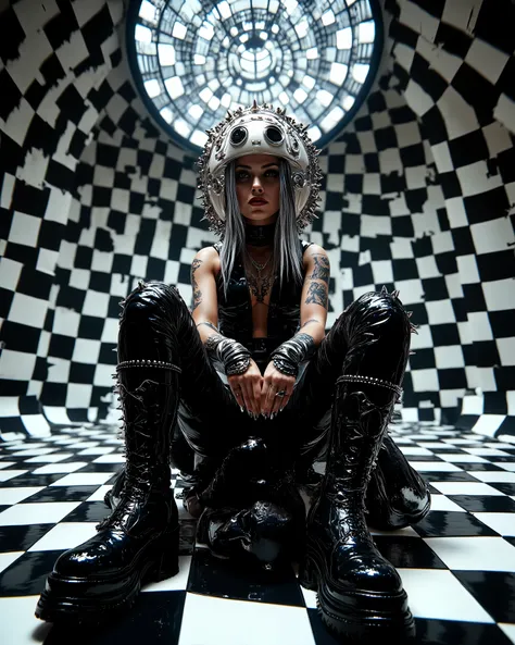 In an environment such as a checkerboard A surreal work that represents a Nordic woman fashion model. The beautiful punk metal woman wears black leather clothing and spikes with huge platform boots that combine intricate details with abstract and geometri...