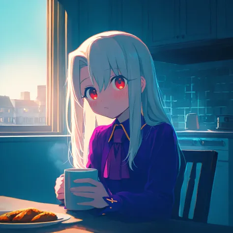 1girl, red eyes, blush, white hair, illyasviel von einzbern \(fate/stay night\), long hair, long sleeves, solo, upper body, purple ascot, purple shirt, collared shirt, long sleeves, lelst0_illu, white theme, light theme, indoors, kitchen, light, coffee mug...