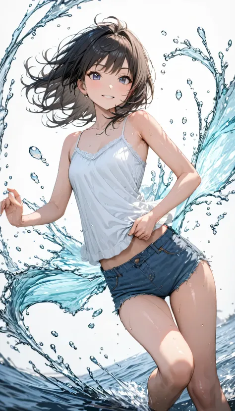 masterpiece, best quality, ultra-detailed, 8k, high resolution, Bold Composition, white background, (floating water), splash, delicate and dynamic, 1 girl repairing her left hand, Smiling, Textured Skin, Shiny Black Hair, younger, Short Height, camisole, d...