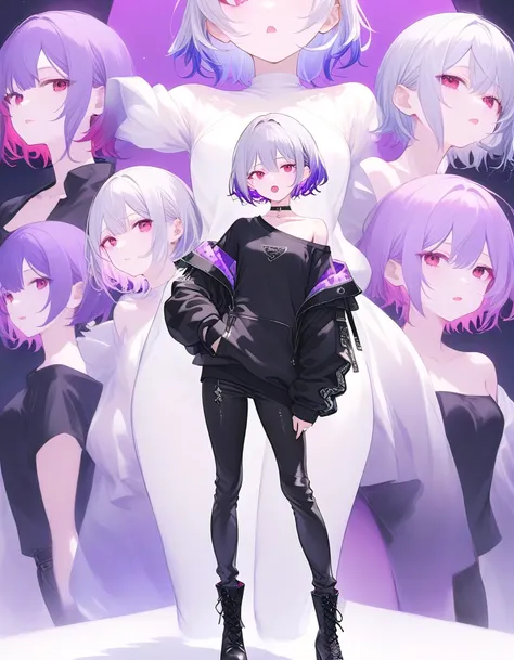 womanhood、Height 165 cm、Model Body、thin macho、Light purple inner color hair、magenta mesh hair、The skin is pale、black shirt、cool、 neutral、cool、Center-Parted Bangs、 genderless、short hair、silver hair、Light Red Eyes、若いwomanhood、A woman alone 、Full Body、Standin...