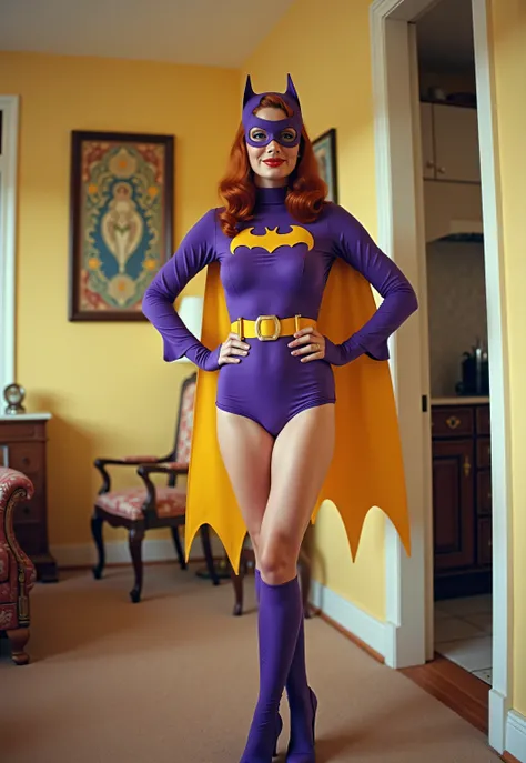 Masterpiece, Award Winning, High Quality, 35mm camera, in focus, artgerm, solo, smiling at the camera, big bright happy smiles for the camera, wearing retro Batgirl purple costume with long sleeves, big breast, retro long red hair, makeup, red lipstick, pu...