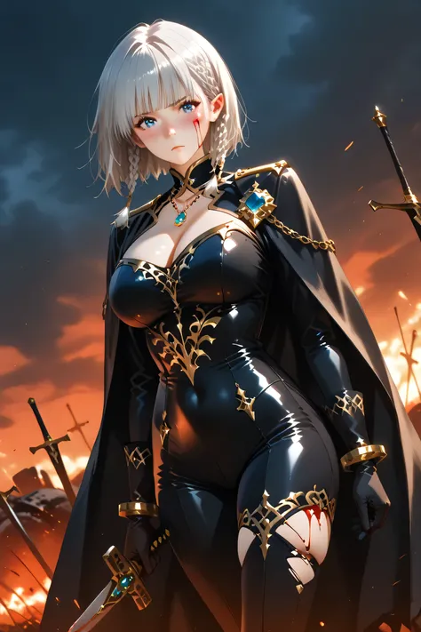 ((top quality)), (detail),semi-realistic, 1girl ,beta, Slim,,Super Big Breasts, braids , Chest Cutout , black gloves , staring at the viewer , black bodysuit , clothing cutout , twin braids, short hair, blush , sitting , Black Cloak , Glittering and Finely...