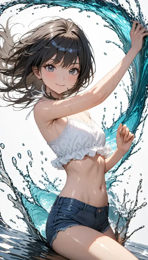 masterpiece, best quality, ultra-detailed, 8k, high resolution, Bold Composition, white background, (floating water), splash, delicate and dynamic, 1 girl repairing her left hand, Smiling, textured skin, Shiny Black Hair, younger, Short Height, camisole, d...
