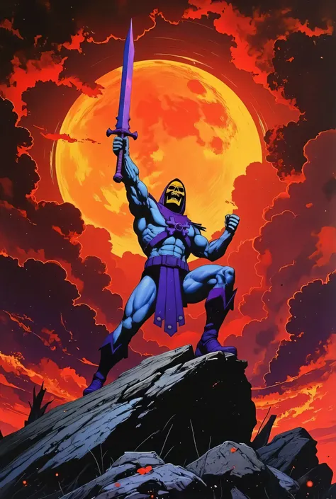 from below, (masterpiece:1.4), (oil painting), hd, 4k, strong lines, ((SKELETOR)) holds his huge purple shiny sword in one hand above his head, right leg on the ground, left leg on the rock in victorious pose. The sword has an yellow/orange aura. rich deep...