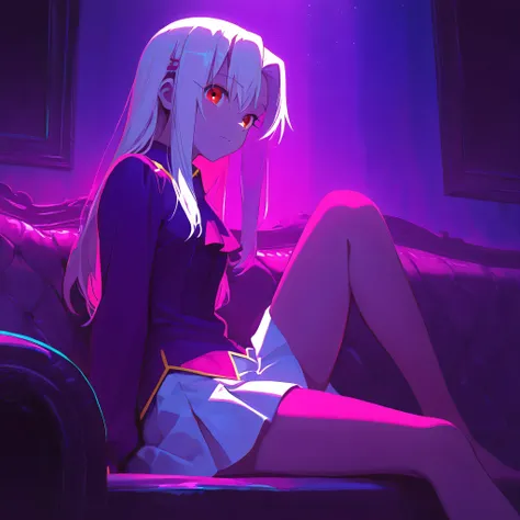 1girl, white hair, skirt, breasts, from side, hair ornament, hairclip, knee up, breasts, long hair, long sleeves, looking at viewer, miniskirt, pleated skirt, red eyes, illyasviel von einzbern \(fate/stay night\), sitting, skirt, solo, sweater, thighs, ver...