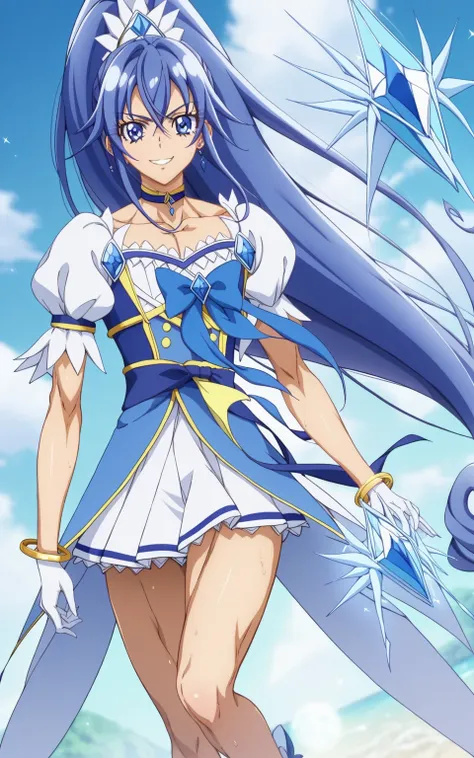 score 9 、score 8 up、score 7 up、source anime、傑作、Best quality、Best resolution、anime coloring、1boy、cure diamond、(male:1.olo、boy is wearing a blue dress、long blue hair boy、sparking blue eyes、high long ponytail hair、dia shape hair ornament、solo、sapphire prince、...