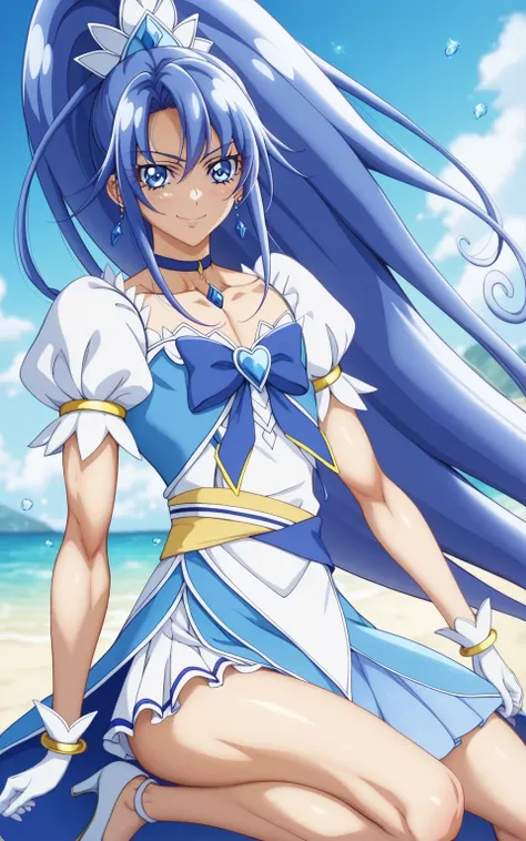score 9 、score 8 up、score 7 up、source anime、傑作、Best quality、Best resolution、anime coloring、1boy、cure diamond、(male:1.olo、boy is wearing a blue dress、long blue hair boy、sparking blue eyes、high long ponytail hair、dia shape hair ornament、solo、sapphire prince、...