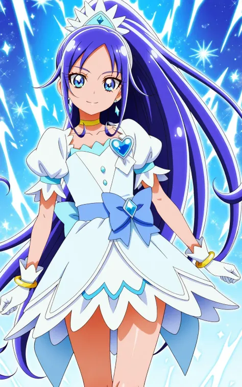 score 9 、score 8 up、score 7 up、source anime、傑作、Best quality、Best resolution、anime coloring、1boy、cure diamond、(male:1.olo、boy is wearing a blue dress、long blue hair boy、sparking blue eyes、high long ponytail hair、dia shape hair ornament、solo、sapphire prince、...