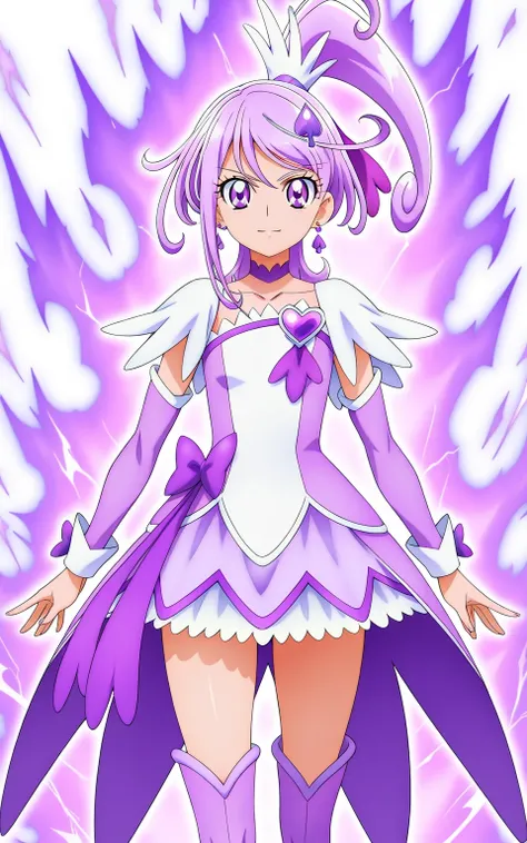 score 9 、score 8 up、score 7 up、source anime、傑作、Best quality、Best resolution、anime coloring、1boy、cure sword、(male:1.olo、boy is wearing a purple dress、short purple hair boy、sparking purple eyes、high short ponytail hair、spade shape hair ornament、solo、amethyst...
