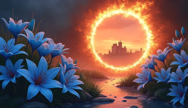 a book cover HD, on the front blue lilies with orange flames, on the back has a spherical portal of sparkling dust, and on the horizon of the portal there is a castle in a red earth