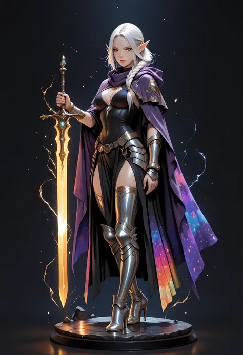a figurine made from glass of a female elf, fantasy swashbuckler, fantasy fencer, armed with a slim sword, shinning sword, metallic shine, colorful clothes, dynamic clothing, full body (intense details, Masterpiece, best quality)epic beautiful female elf ...