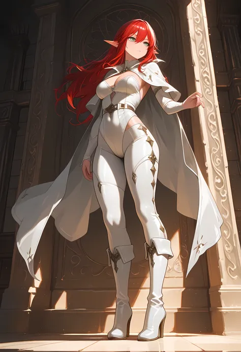 an elf thief standing in a vault, a female elf thief, full body, small pointy ears, red hair, dynamic hair style, ultra detailed face, wearing white leather leotard, white leather pants, busty, small cleavage, high heel boots, many diamonds lying around,...