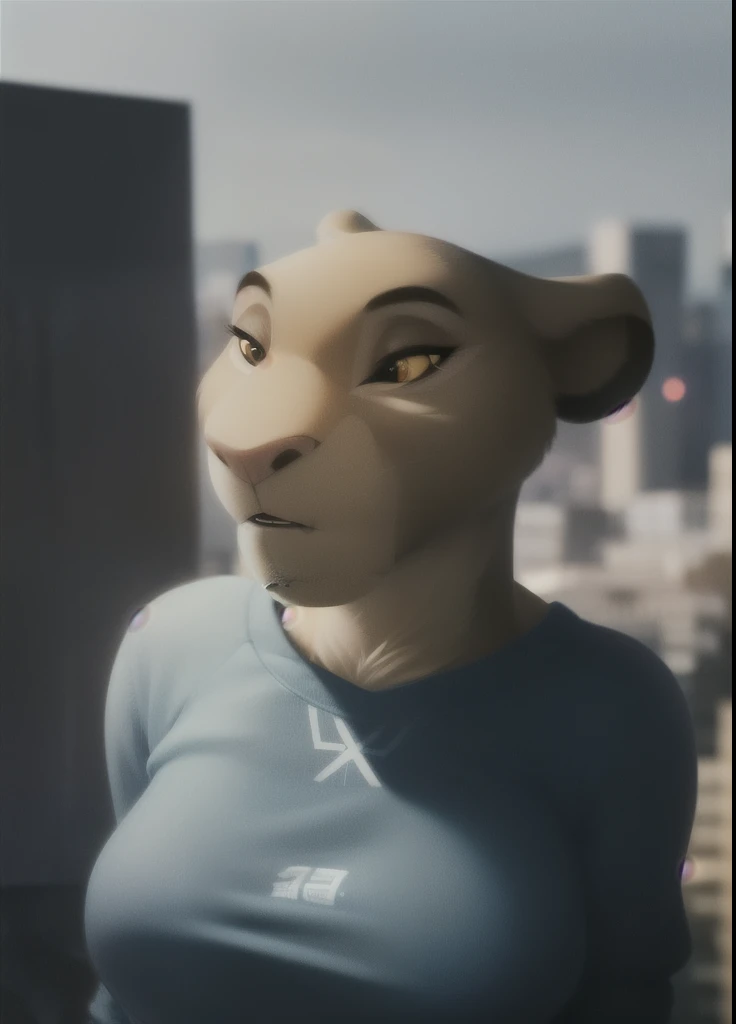 sarabi,  hairy anthropomorphic female , lion girl, portrait, in the foreground,  ( sweatshirt:1.2),  skin ornament, Alone, (body fur:1.2), (best quality), (Detailed urban background:1.2), dramatic lighting, (detailed fluffy hair:1.1), looking at the specta...