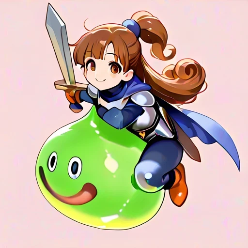 1 girl, breast press:1.3, alena, cheerful smile, brown hair, curly hair, long hair, cape, dress, holding slime:1.3, knight:1.5, playful atmosphere, looking at viewer, simple background, masterpiece, high detailed, best quality,  riding, holding sword:1.3