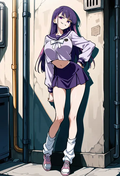 score_9, score_8_up, score_7_up, 1girl, mature, solo, smirk, long hair, bangs , straight hair, purple hair , pink highlights inner , purple eyes, purple sailor school uniform, navel , short skirt, long legs , big breast , arched back , hand on hip , loose ...
