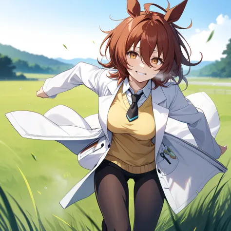 score_9, anime style, longlegs_v0.22_pony, agnes tachyon, horse ears, horse tail, labcoat, sleeves past fingers, yellow sweater, black necktie, pantyhose, single earring, landscape, grass field, BREAK, 1 skinny girl running, (bouncing unaligned breasts), s...