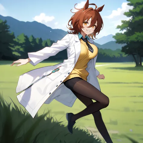 score_9, anime style, longlegs_v0.22_pony, agnes tachyon, horse ears, horse tail, labcoat, sleeves past fingers, yellow sweater, black necktie, pantyhose, single earring, landscape, grass field, BREAK, 1 skinny girl running, (bouncing unaligned breasts:1.3...