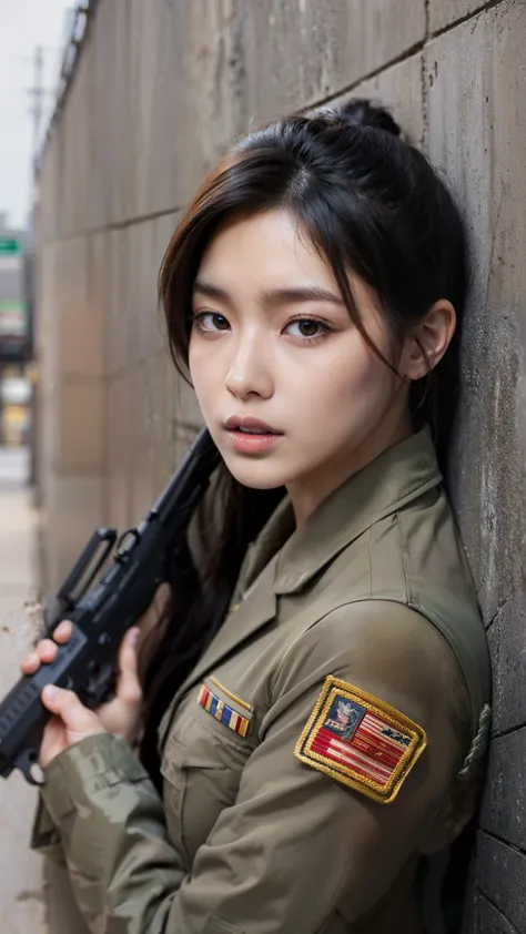 song hye-kyo picture, detailed face, detailed nose, detailed eyes, realistic, high definition, realistic skin, ponytail, korean female soldier uniform, war background, panicked facial expression, holding p90 weapon, hiding position under wall