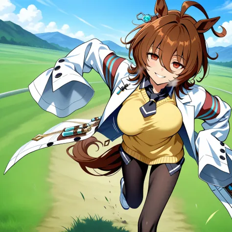 score_9, anime style, longlegs_v0.22_pony, agnes tachyon, horse ears, horse tail, labcoat, sleeves past fingers, yellow sweater, black necktie, pantyhose, single earring, landscape, grass field, BREAK, 1 skinny girl running, bouncing unaligned breasts, smi...