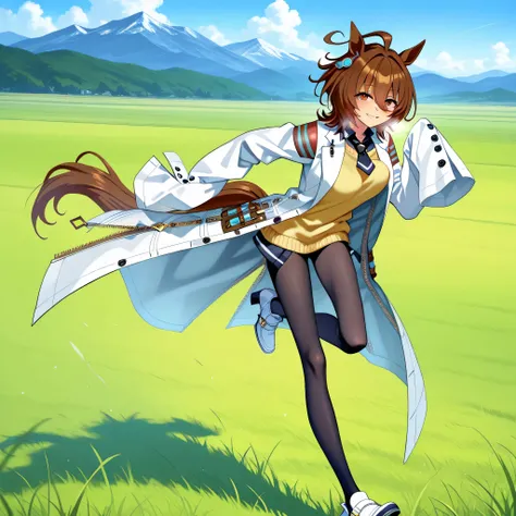 score_9, anime style, longlegs_v0.22_pony, agnes tachyon, horse ears, horse tail, labcoat, sleeves past fingers, yellow sweater, black necktie, pantyhose, single earring, landscape, grass field, BREAK, (1 skinny girl running), bouncing unaligned breasts, s...