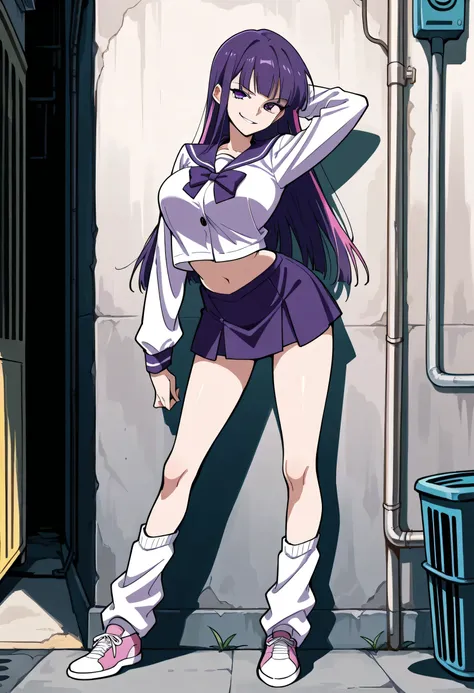 score_9, score_8_up, score_7_up, 1girl, mature, solo, smirk, long hair, bangs , straight hair, purple hair , pink highlights inner , purple eyes, purple sailor school uniform, navel , short skirt, long legs , big breast , arched back , hand behind head , l...